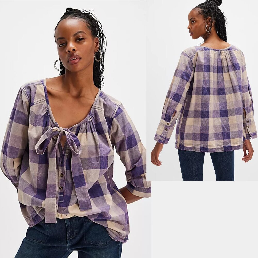 NWT New $128 Free People We The Free Big Bow Plaid Pullover Size S